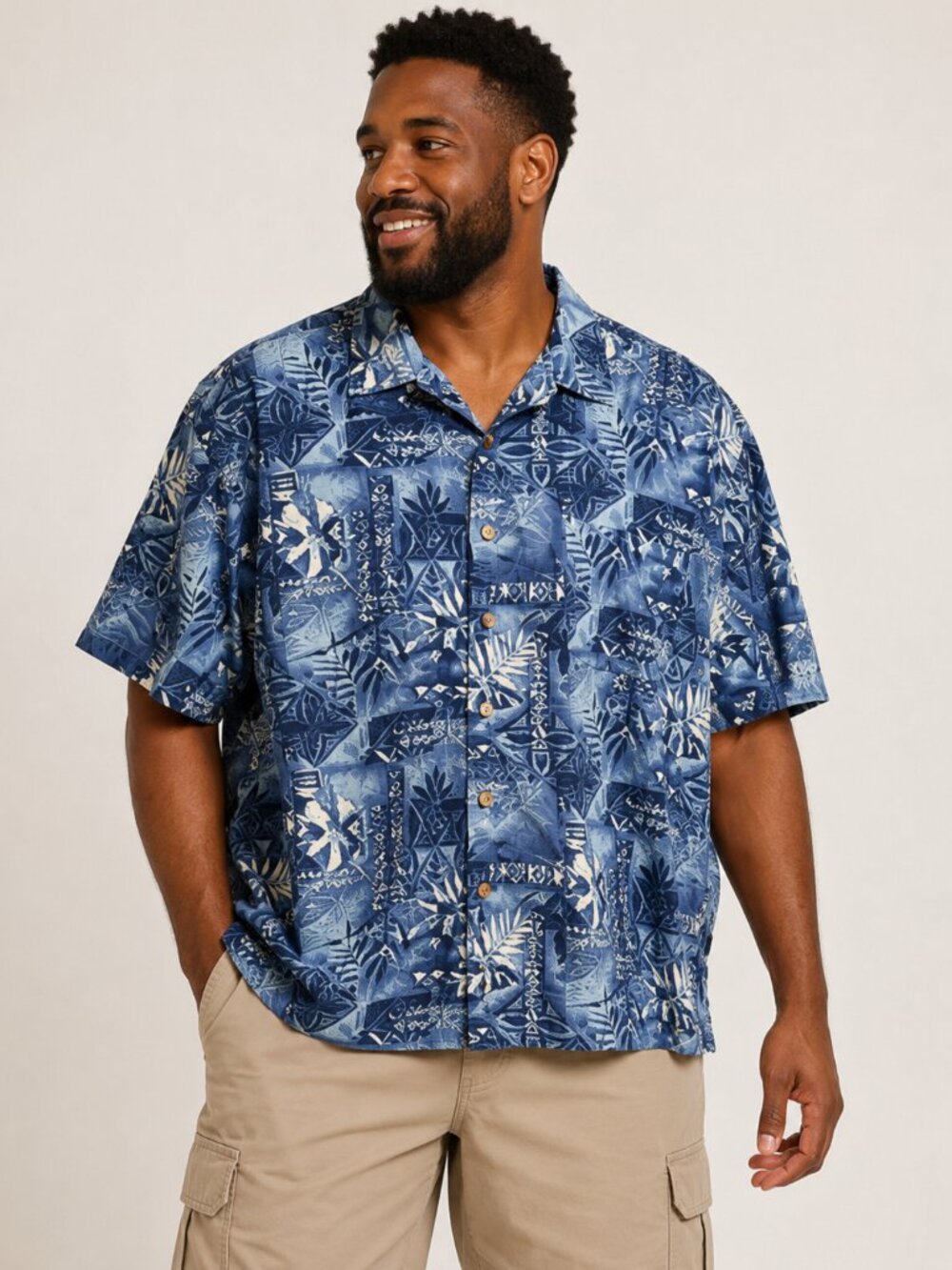 Route 66 Hawaiian Shirt Blue Tropical Print Button-Up Men's XL
